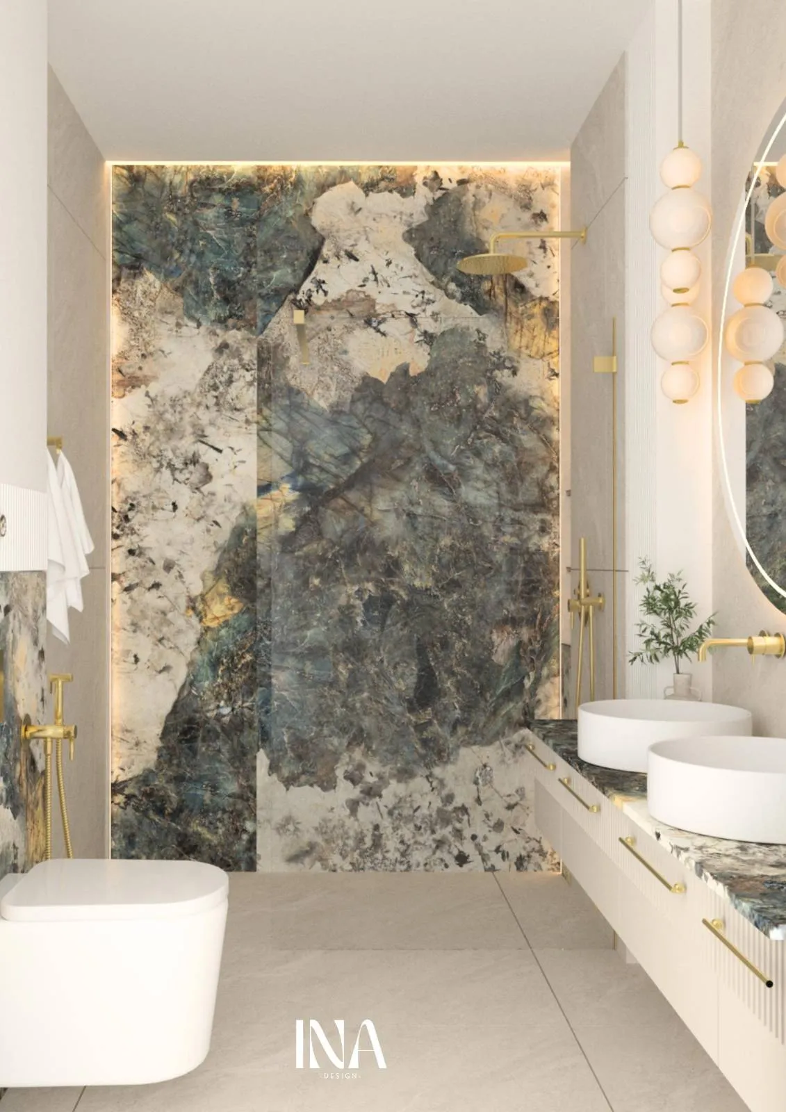 Łazienka z kamieniem i złotą armaturą, Gdynia - Modern classic, INA Design