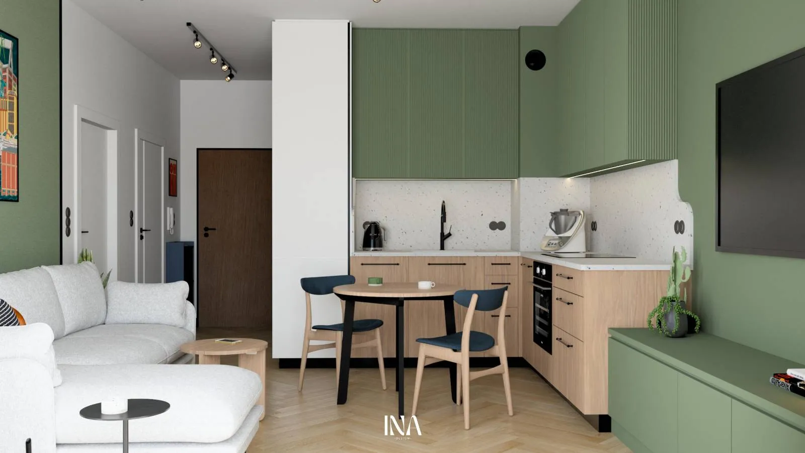 Aneks kuchenny w małym mieszkaniu, szałwiowa zieleń, Gdynia - Zielony azyl, INA Design