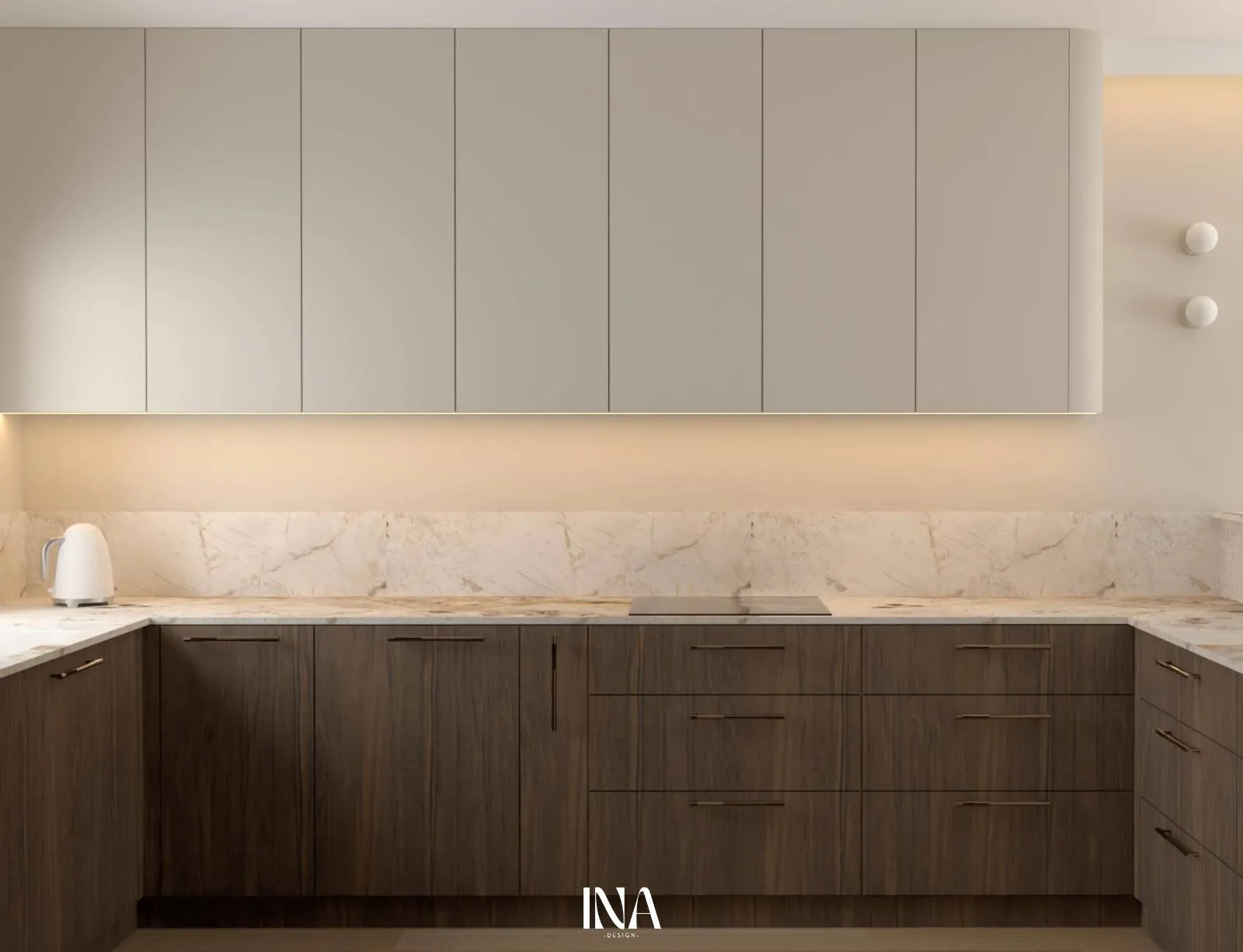 Kuchnia w układzie U z orzechem i kamiennym blatem, k. Gdańska - Naturalna harmonia, INA Design