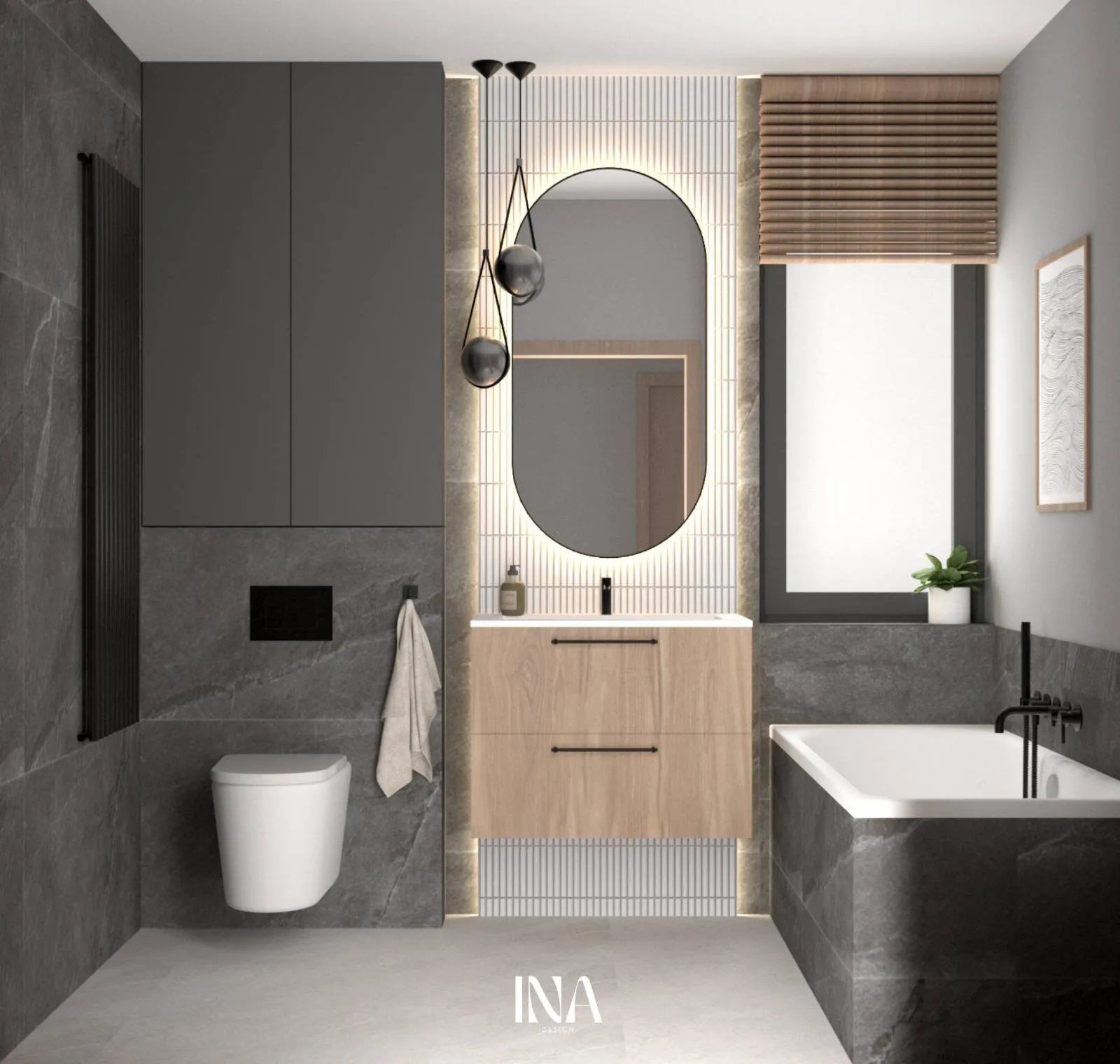 Łazienka z wanną i ciemnym kamieniem oraz pralnia, k. Żukowa - Zieleń i naturalne tonacje, INA Design
