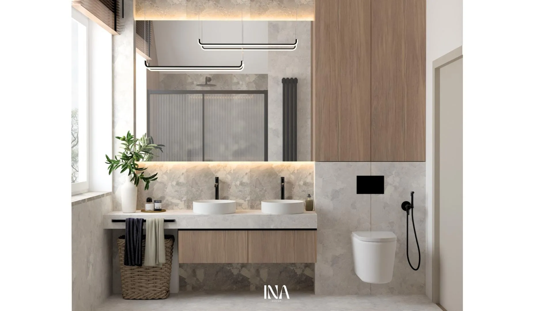 Dwie łazienki z jasnym kamieniem i czarnymi detalami, Gdynia - Domowe wytchnienie, INA Design