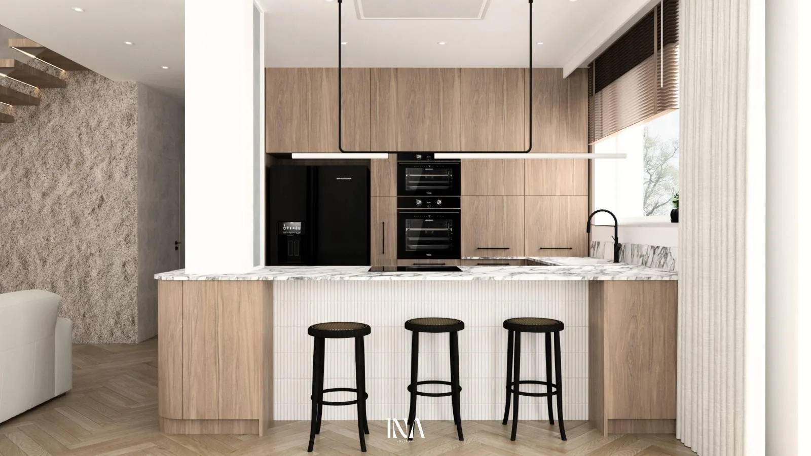 Drewniana zabudowa i wyspa z kamiennym blatem, k. Gdyni - Nadmorska oaza, INA Design