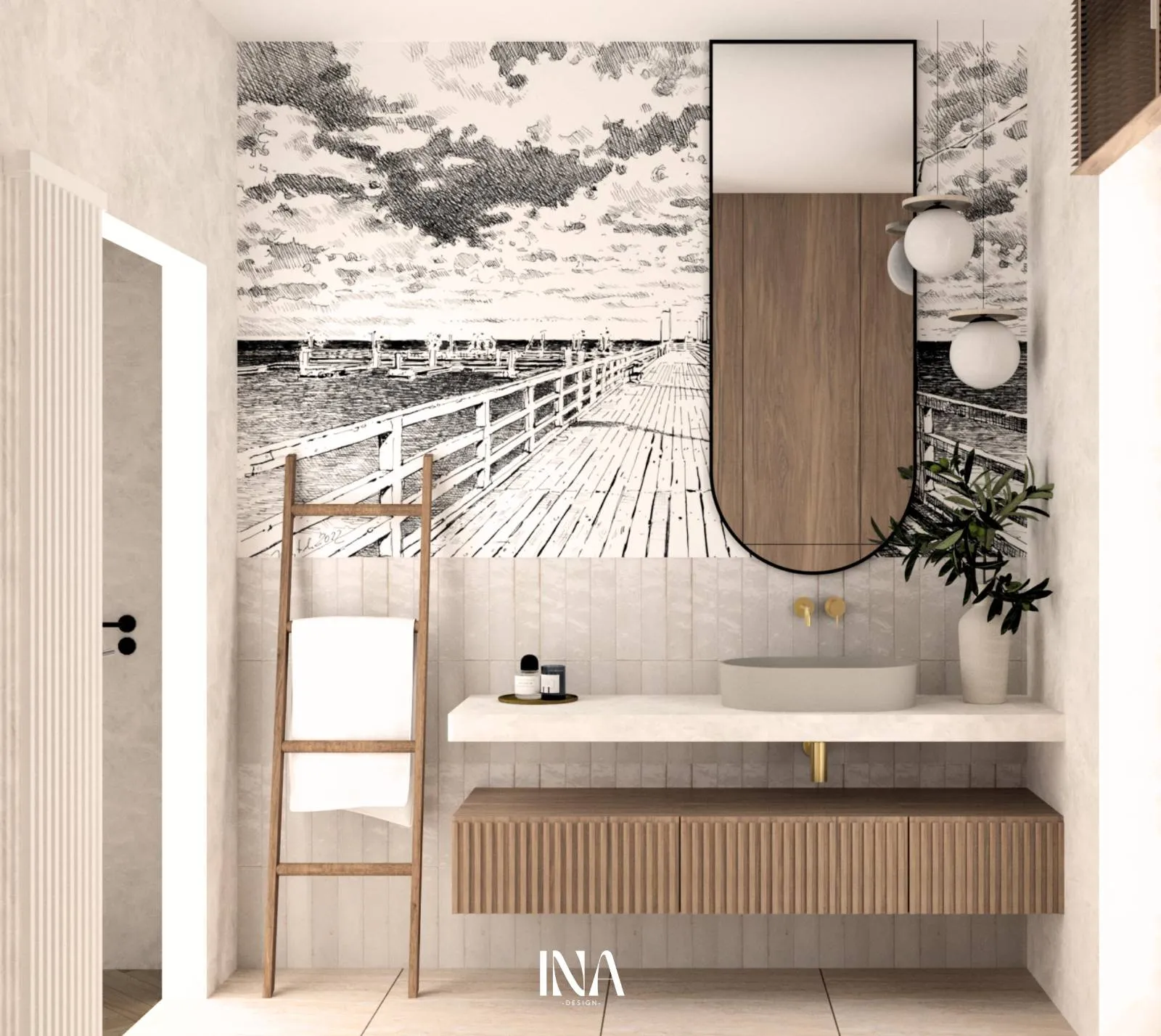 Łazienki z fototapetą molo i ryflowanym drewnem, k. Gdyni - Nadmorska oaza, INA Design